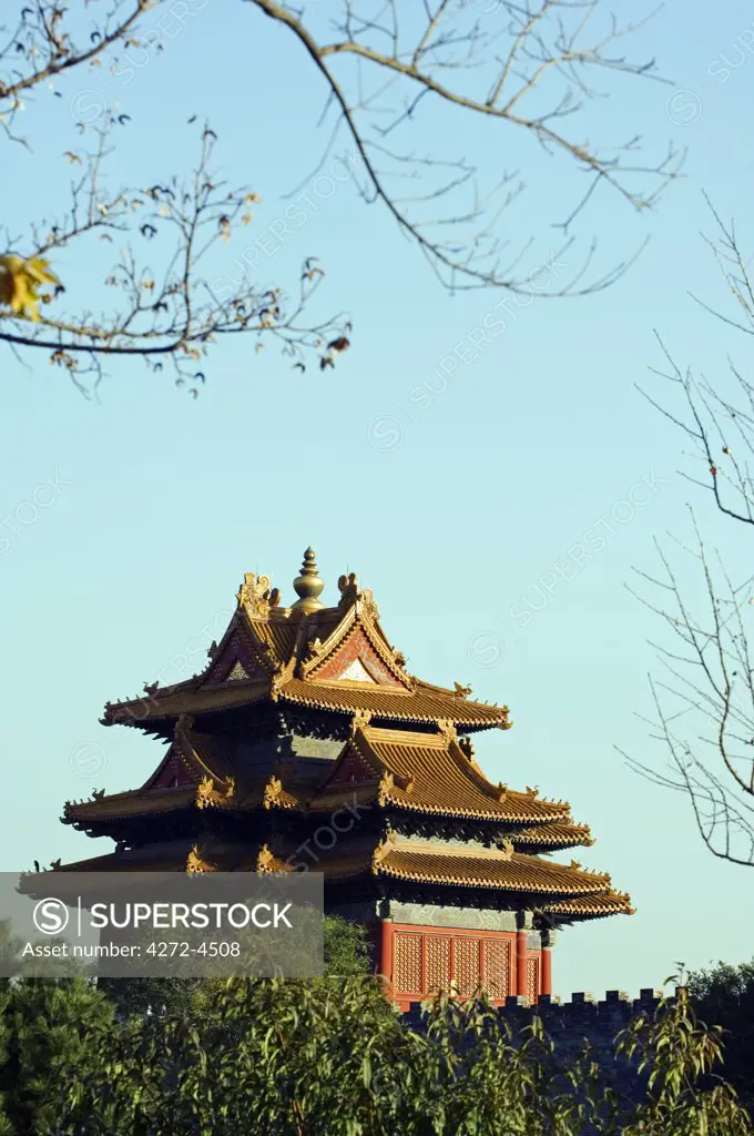 China, Beijing. A watch tower on the wall of the Forbidden City Palace Museum.