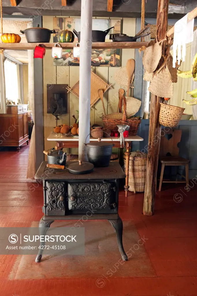 South America, Brazil, Amazonas, Manaus, a Fundimig iron stove, Fogao Lenha Fundimig, in the re created 19th Century kitchen at the Rubber tapper museum, Museu Seringal, near Manaus, used as a movie set for Leonel Vieiras 2002 film, the Forest