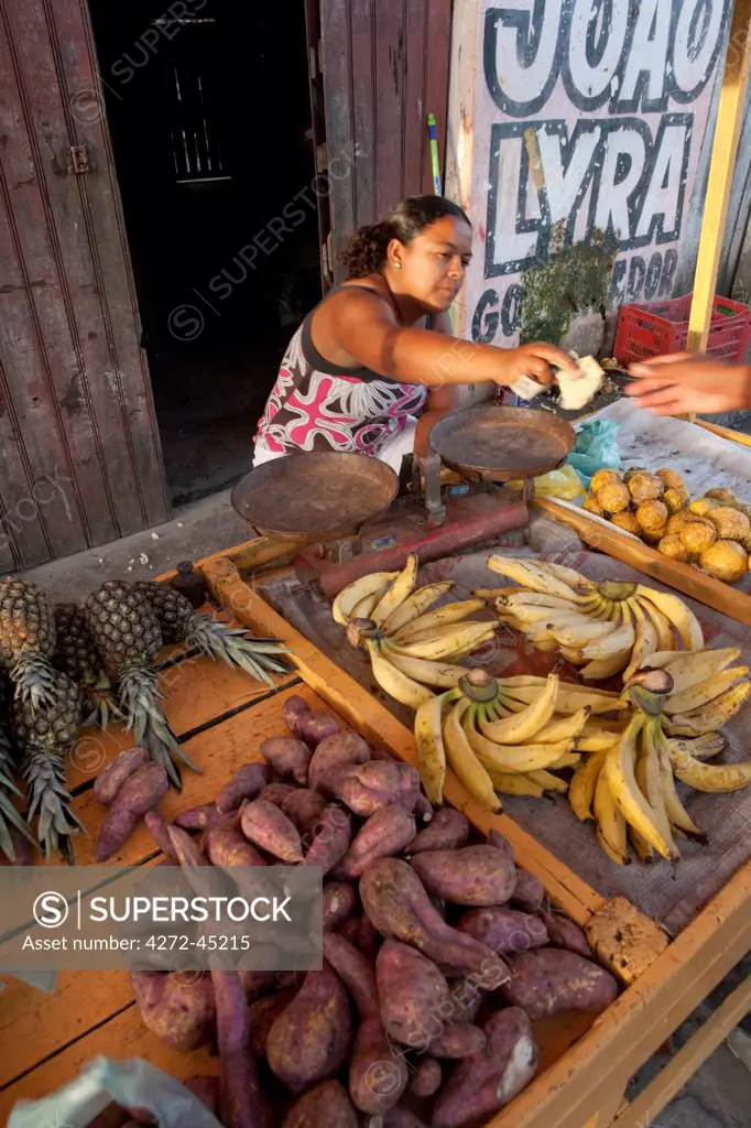 South America, Brazil, Alagoas, Maragogi, a woman selling fruit and vegetables in a market in the beach town of Maragogi, in front of a political hoarding for the state governor