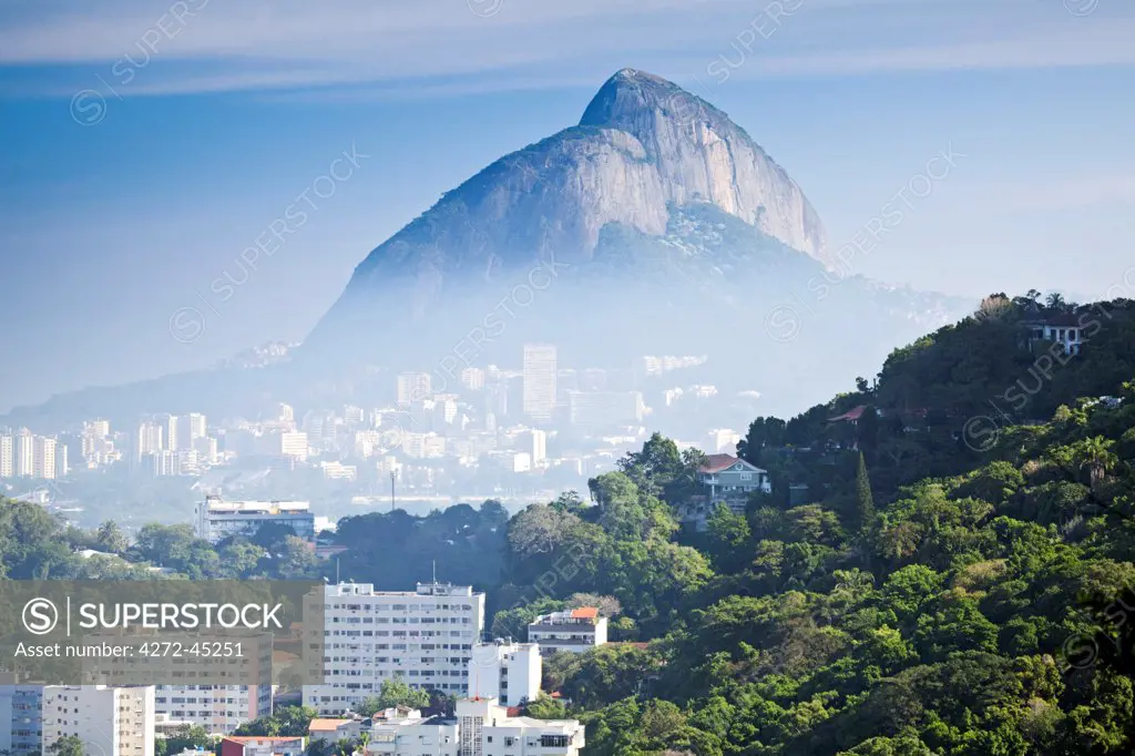 South America, Brazil, Rio de Janeiro, view of the Dois Irmaos, Two brothers, mountains with Ipanema in the distance