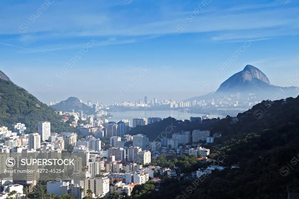 South America, Brazil, Rio de Janeiro, view of the Lagoa Rodrigo de Freitas and the Dois Irmaos mountains with Ipanema in the distance