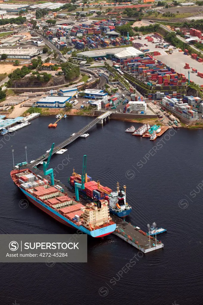 Brazil, Amazonas, Mercosul container ship at the dock on the Rio Negro in Manaus in the Brazilian Amazon