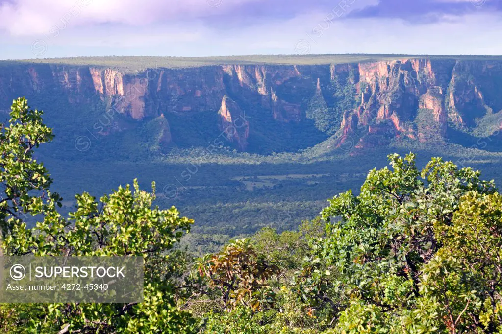 South America, Brazil, Mato Grosso, view of sandstone cliffs from the Morro Dos Ventos viewpoint in the Chapada dos Guimaraes national park