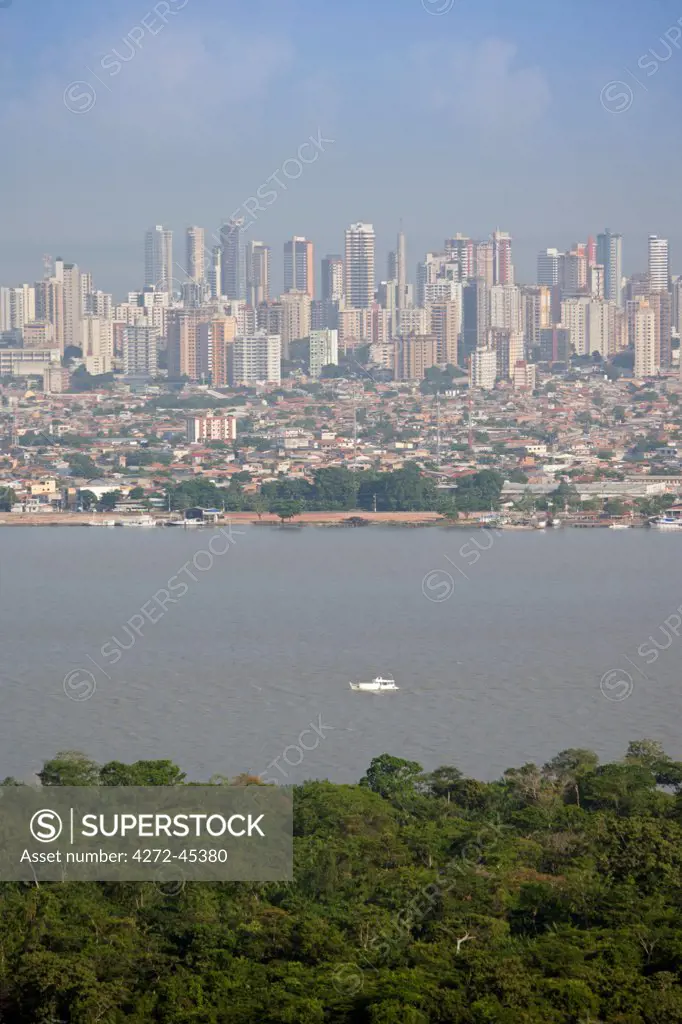 South America, Brazil, Para, Amazon, an aerial shot of the city of Belem on Guajara Bay in the southern mouth of the Amazon confluence with mangrove and varzea forest in the foreground