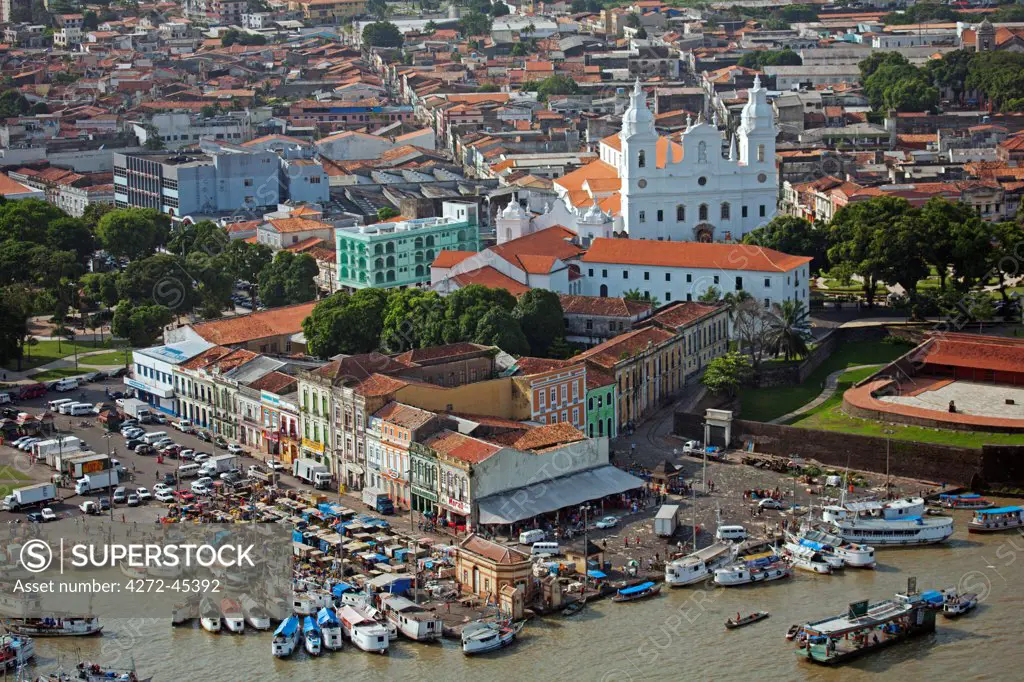 South America, Brazil, Para, Amazon, an aerial shot of the city of Belem in the southern mouth of the Amazon confluence, showing the Church and College of St. Alexander, the Cathedral, Forte do Castelo, street market and the waterfront of Guajara Bay