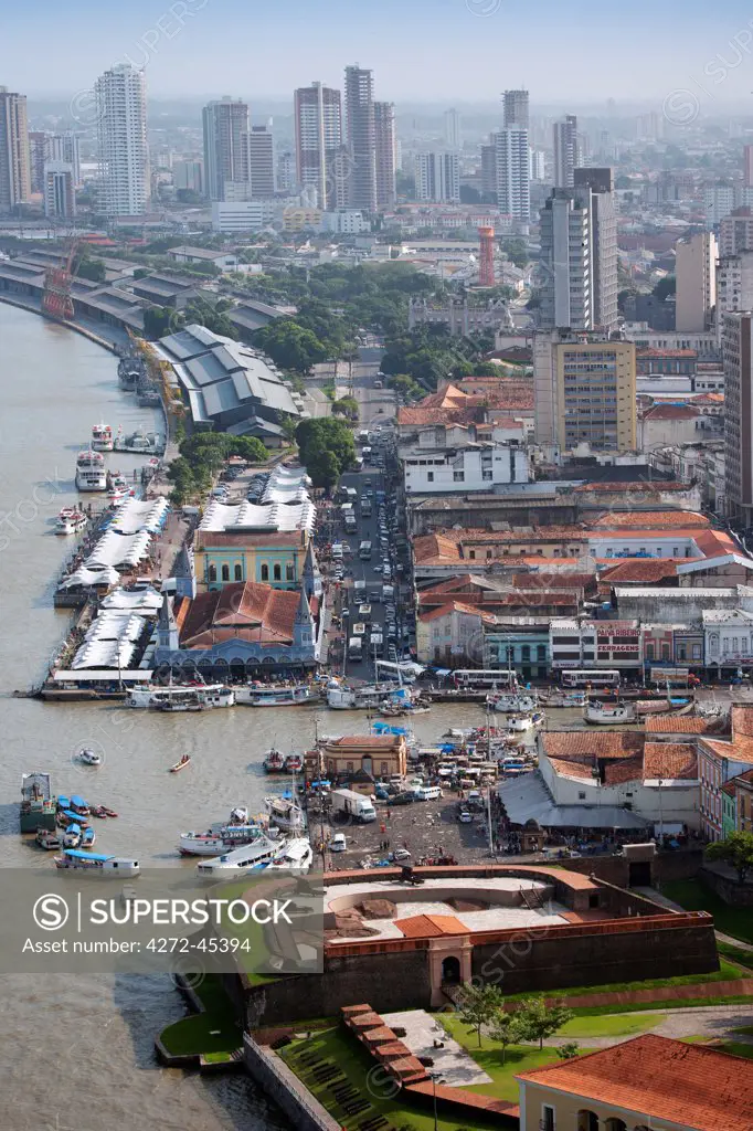 South America, Brazil, Para, Amazon, an aerial shot of the city of Belem in the southern mouth of the Amazon confluence, showing the Castle Fort and museum and the Ver o Peso market on the waterfront of Guajara Bay