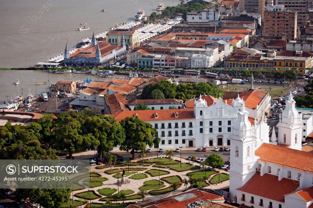 South America, Brazil, Para, Amazon, an aerial shot of the city of Belem in the southern mouth of the Amazon confluence, showing the Church and College of St. Alexander, the Cathedral and the Ver o Peso market on the waterfront of Guajara Bay