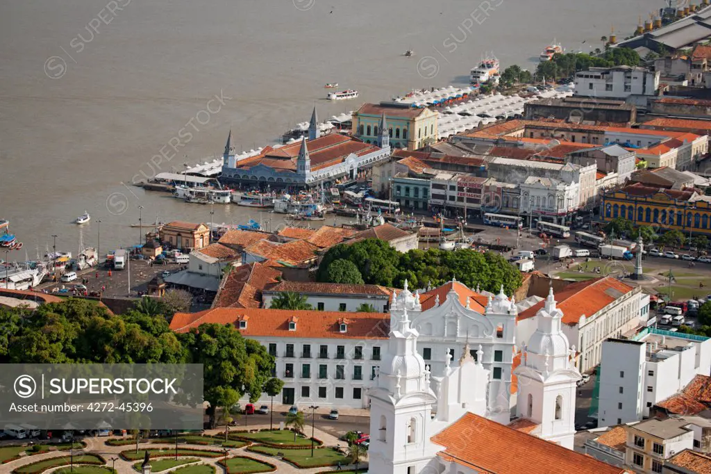 South America, Brazil, Para, Amazon, an aerial shot of the city of Belem in the southern mouth of the Amazon confluence, showing the Church and College of St. Alexander, the Cathedral and the Ver o Peso market on the waterfront of Guajara Bay
