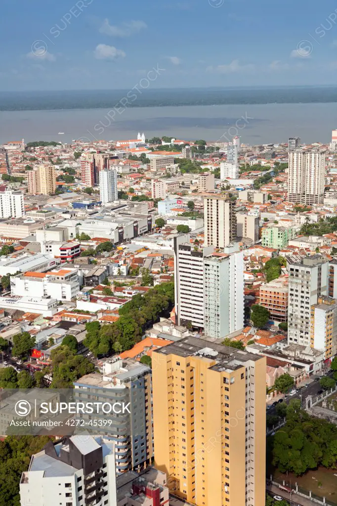 South America, Brazil, Para, Amazon, an aerial shot of the city of Belem in the southern mouth of the Amazon confluence, showing skyscraper apartment blocks and the cathedral on the waterfront, and Guajara Bay