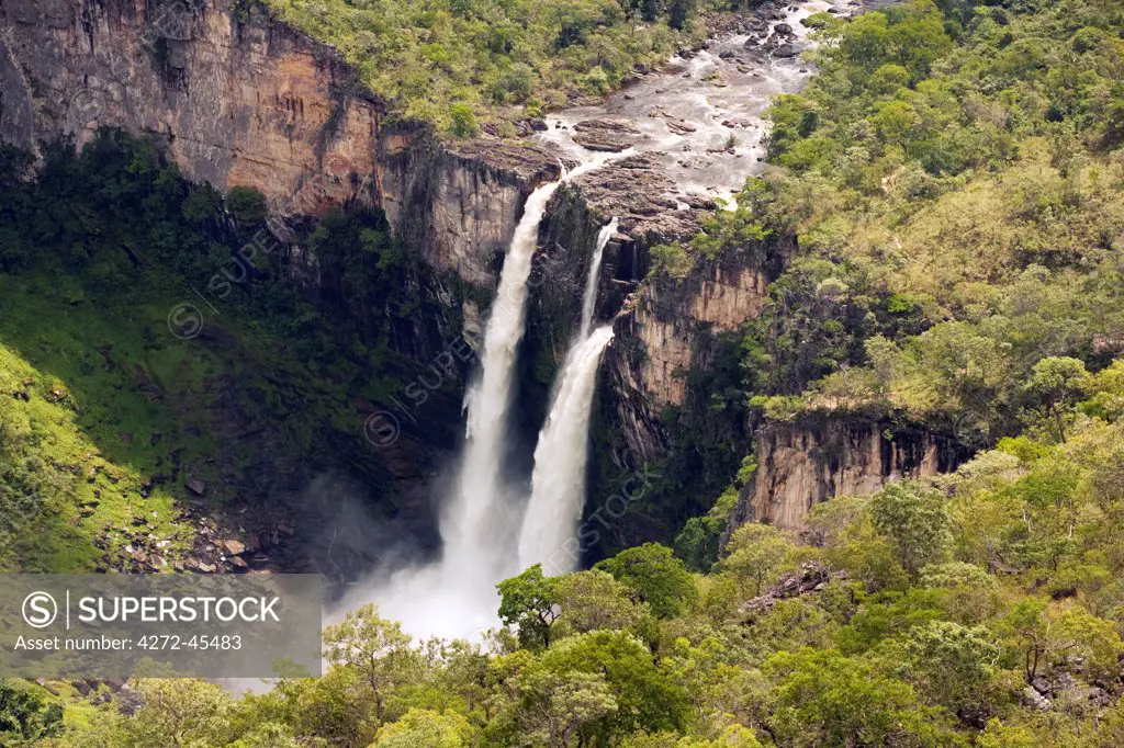 South America, Brazil, Goias, Chapada dos Veadeiros, the cachoeira do Rio Preto waterfalls falling into a canyon in the UNESCO World Heritage listed Chapada dos Veadeiros national park, PR