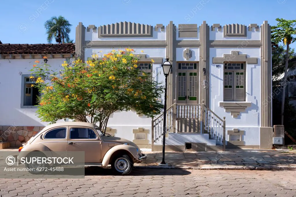 South America, Brazil, Goias, Pirenopolis, a Brazilian or Sertanejo art deco town house in a residential street in the mining town of Pirenopolis in the interior of Brazil