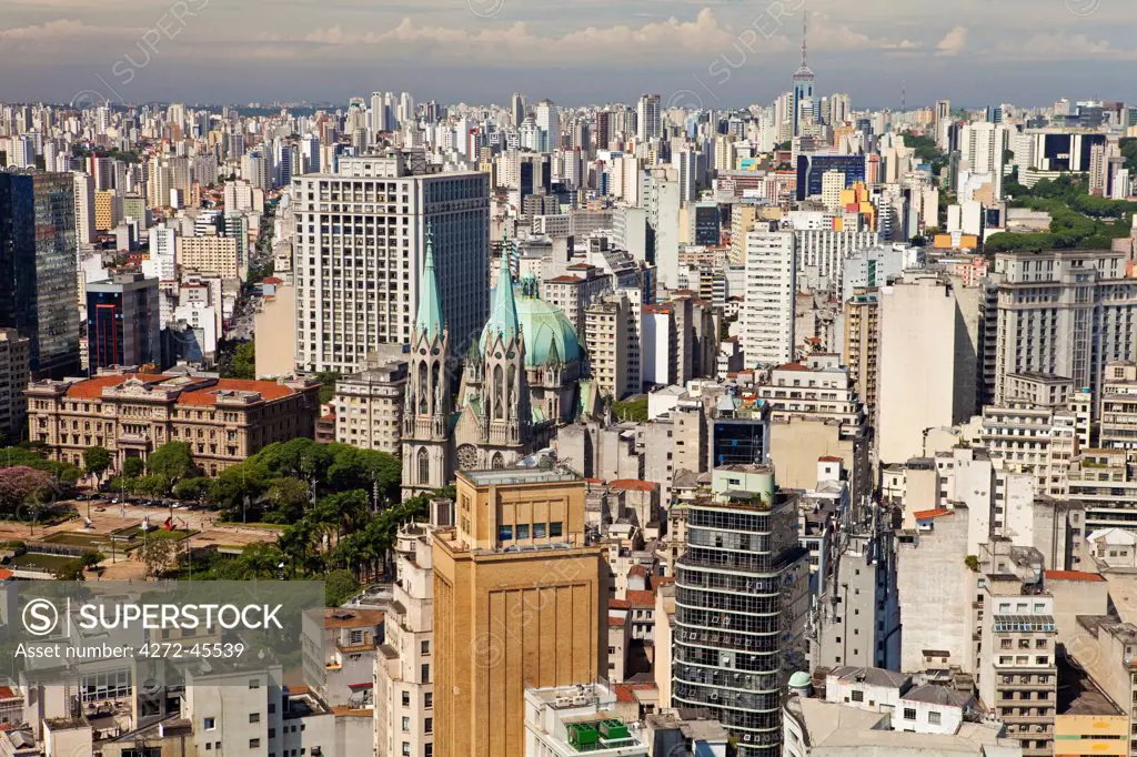 South America, Brazil, Sao Paulo, view of the Palace of Justice, the Metropolitan Cathedral of Sao Paulo and square with the Liberdade neighbourhood behind, as seen from the top of the Banespa Tower