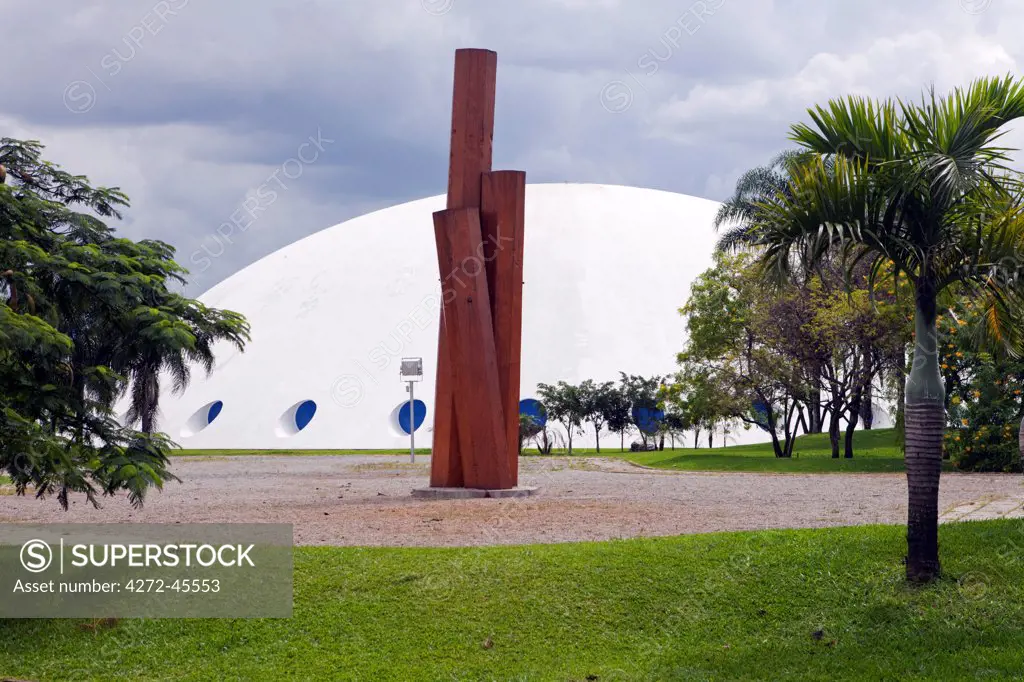 South America, Brazil, Sao Paulo, the Pavilhao Lucas Nogueira Garcez concert hall and exhibition space by Oscar Niemeyer, set in a landscape by Roberto Burle Marx in Ibirapuera Park