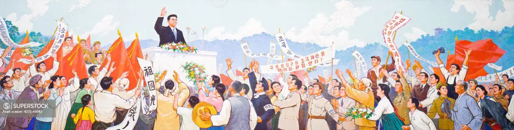 Democratic Peoples Republic of Korea. North Korea, Pyongyang. Wall mural depicting the return of Kim Il Sung to Pyongyang at the end of the Second World War.