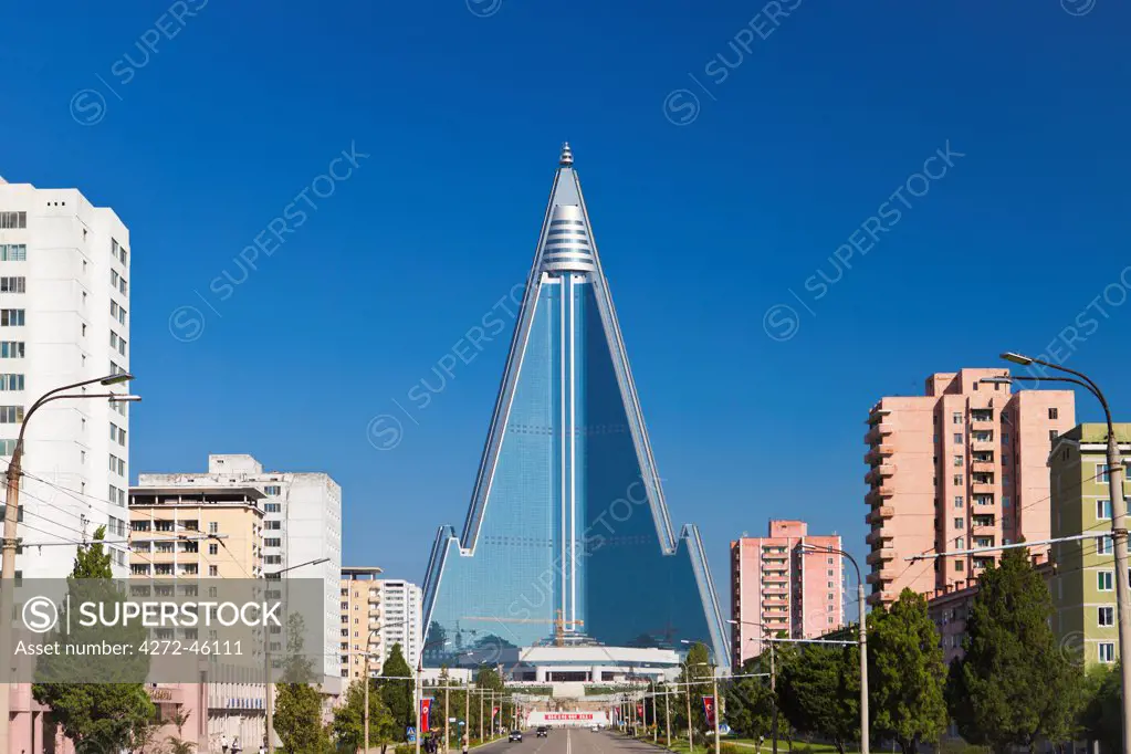 Democratic Peoples Republic of Korea. North Korea, Pyongyang. The Ryugyong Hotel, commonly referred to as the Hotel of Doom.