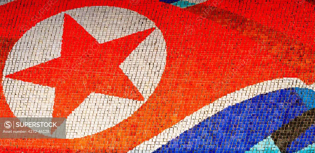 Democratic Peoples Republic of Korea, North Korea, Pyongyang. Backdrop of North Korean Flag at the Arirang Mass Games, created by human pixels.