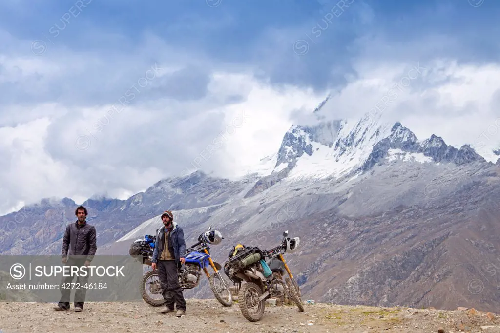 South America, Peru, Ancash, Cordillera Blanca. motor bikers on the Santa Cruz trek in Huascaran National Park