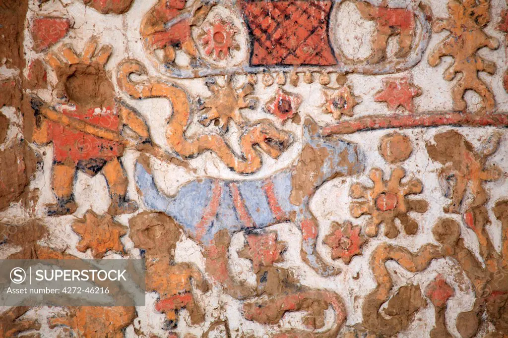 South America, Peru, La Libertad, Trujillo, detail of a mural on the Moche Temple of the Moon showing a detail of what is thought be either the Moche creation myth or a cosmological map