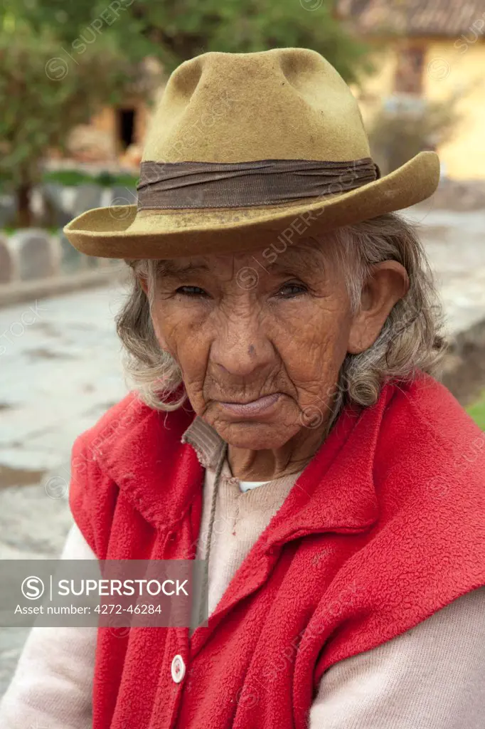 South America, Peru, Cusco. A Quechua woman with cataracts wearing a montera hat