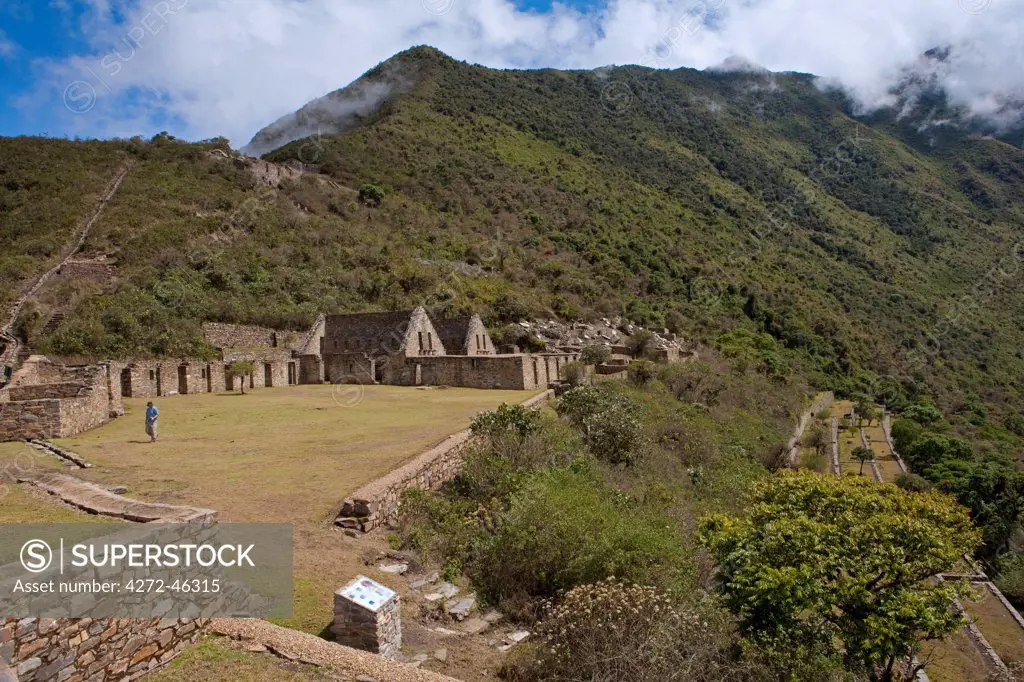 South America, Peru, Cusco, Choquequirao. The plaza principal, main square, and wasi houses at the Inca city of Choquequirao built by Tupac Inca Yupanqui and Huayna Capac and situated above the Apurimac valley with mountains of the Salkantay range