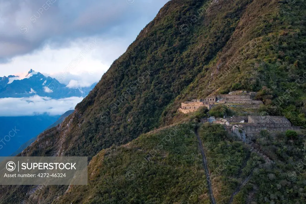 South America, Peru, Cusco, Choquequirao. Terraces, plazas and buildings at the Inca city of Choquequirao built by Tupac Inca Yupanqui and Huayna Capac and situated above the Apurimac valley with mountains of the Salkantay range