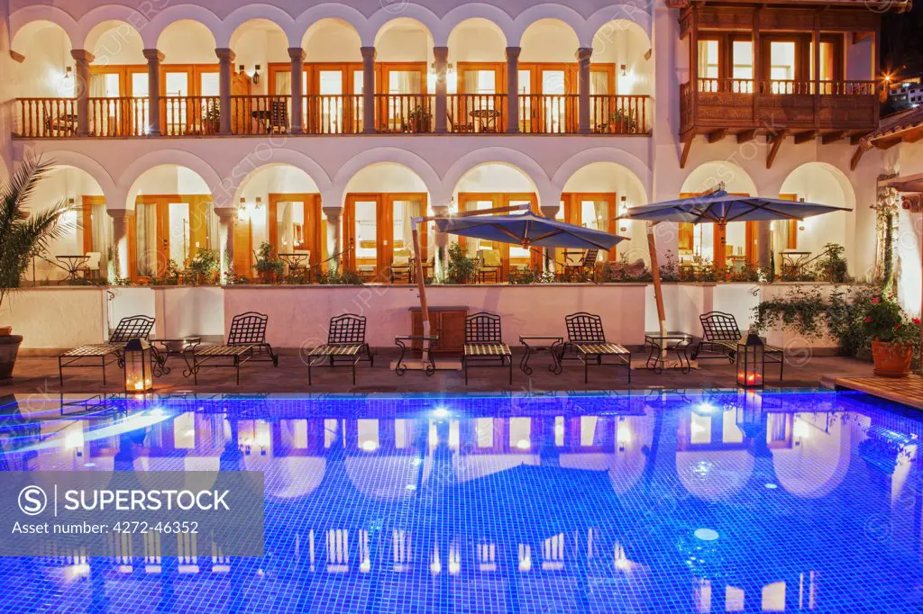 South America, Peru, Cusco, the swimming pool at the in the Orient Express Palacio Nazarenas hotel, housed in a former Spanish convent, PR,