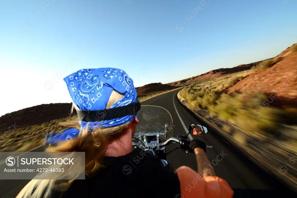 Man riding his Harley near Flagstaff, Arizona, USA MR