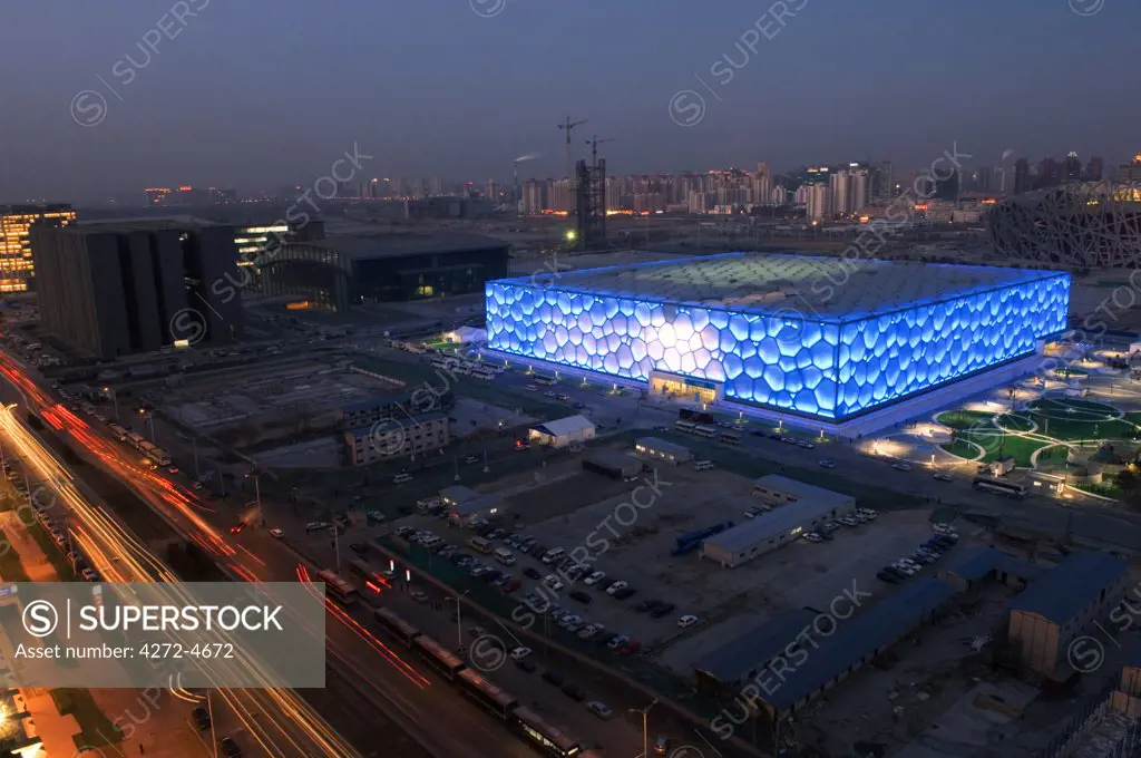 China, Beijing. The Water Cube National Aquatics Center swimming arena in the Olympic Park.