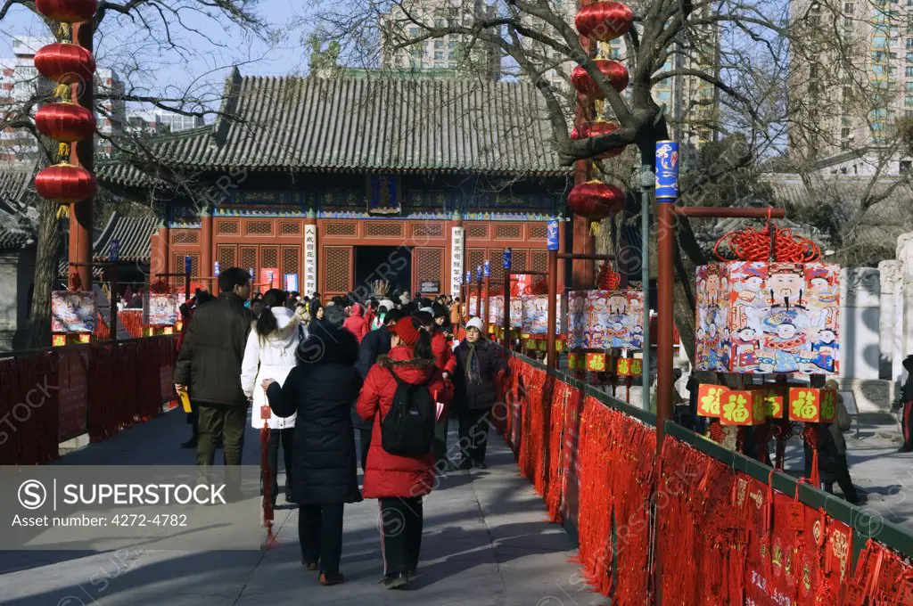 China, Beijing. Chinese New Year Spring Festival - visitors at Donyue temple and Beijing Folk Arts Museum.