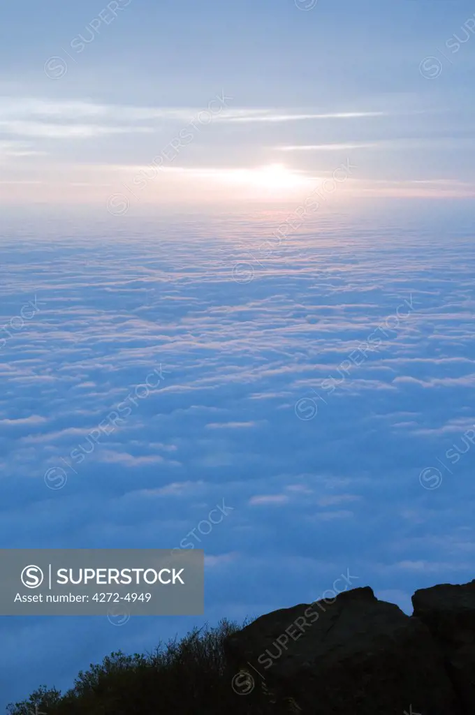 China, Sichuan Province Mt Emei, Unesco World Heritage site. A sea of clouds at sunrise