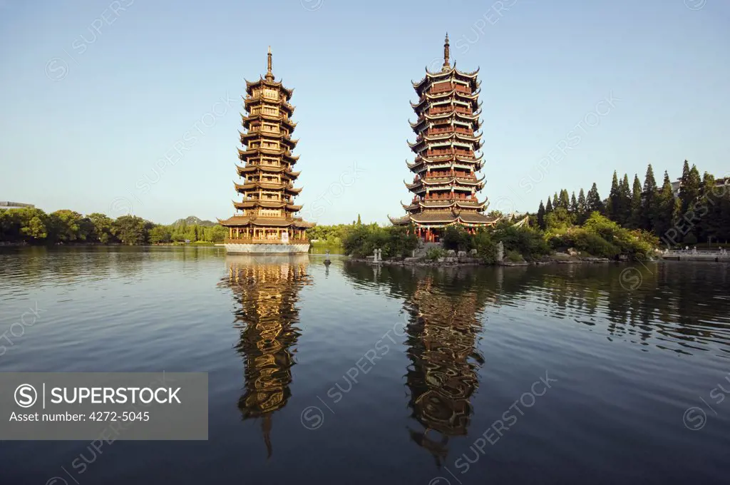 China, Guangxi Province, Guilin, Banyan Lake Pagodas