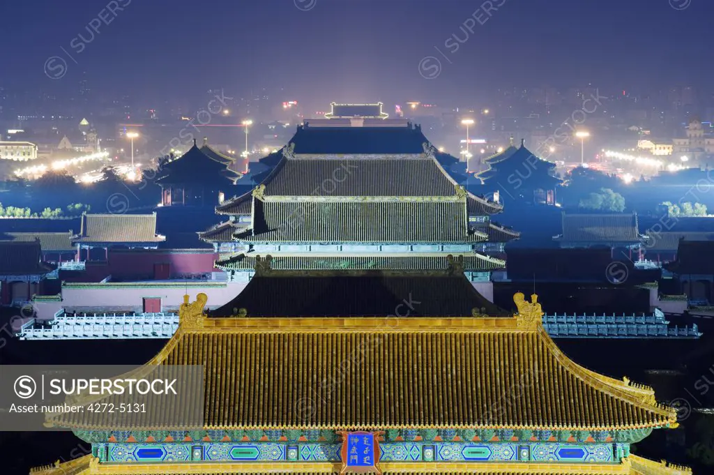 China, Beijing, Forbidden City Palace Museum illuminated at night
