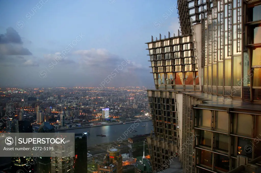 China, Shanghai. View from the Jin Mao Tower in Shanghai over the Huangpu River.