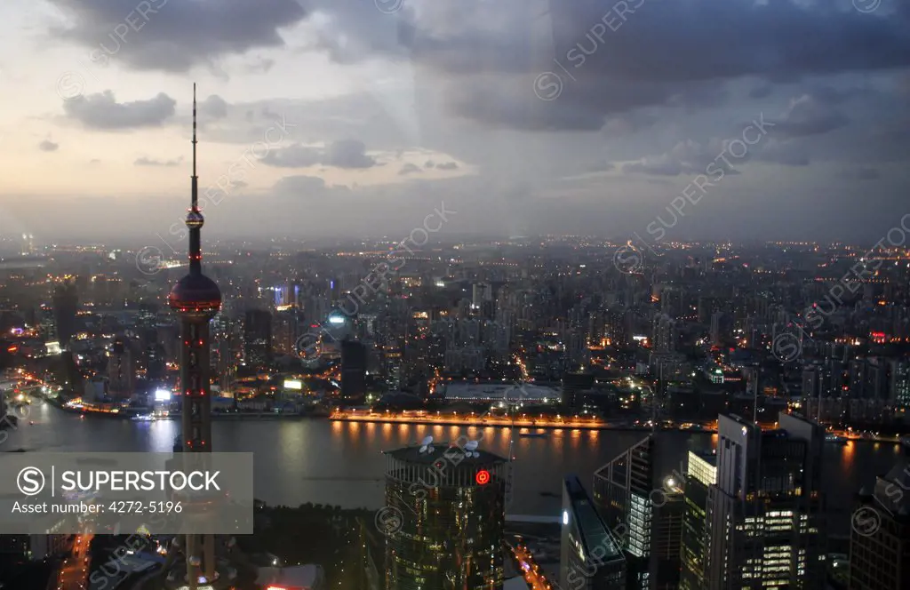 China, Shanghai. View from the Jin Mao Tower in Shanghai over the Huangpu River.