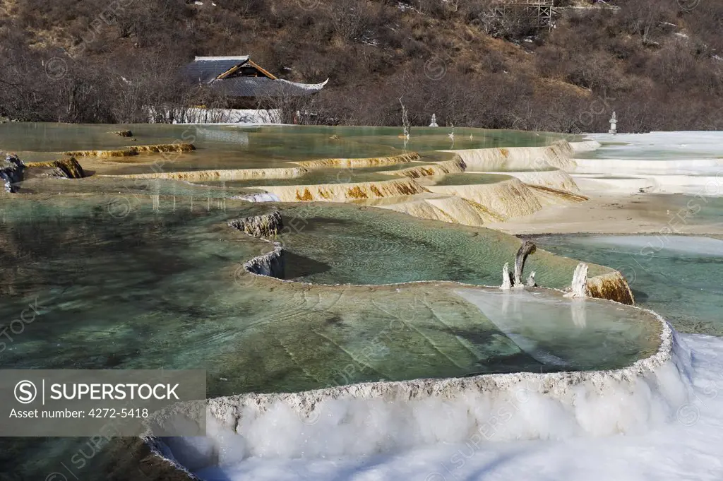 China, Sichuan Province, Huanglong National Park, UNESCO World Heritage Site, Colourful pools of calcite deposit