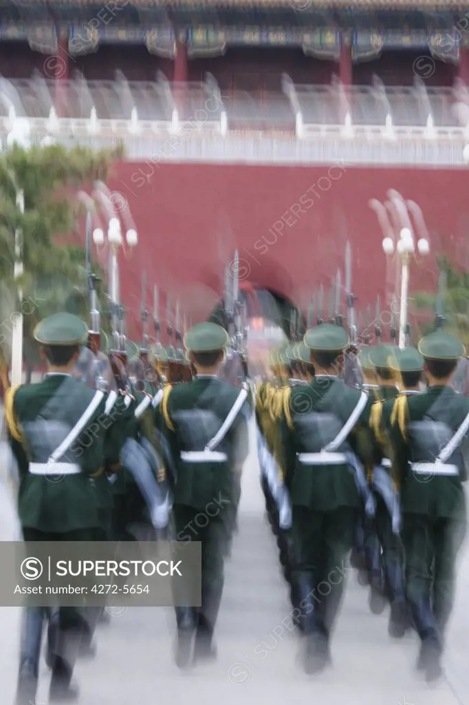 Marching soldiers outside Tiananmen Gate, Beijing, China