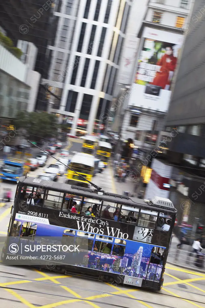 Tram passing along Des Voeux Road Central, Central, Hong Kong, China