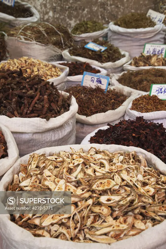 Herbs for sale at Chinese medicine market, Guangzhou, Guangdong Province, China