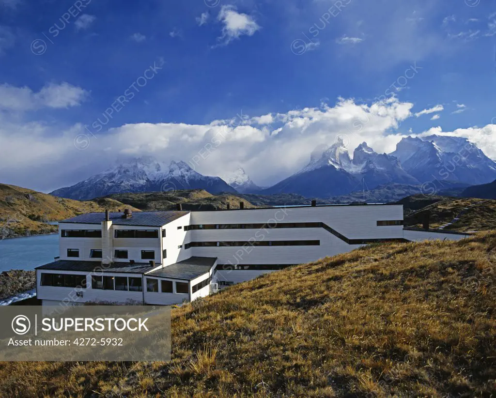 Explora Hotel, Salto Chico, with Paine Massif behind. Torres del Paine National Park.