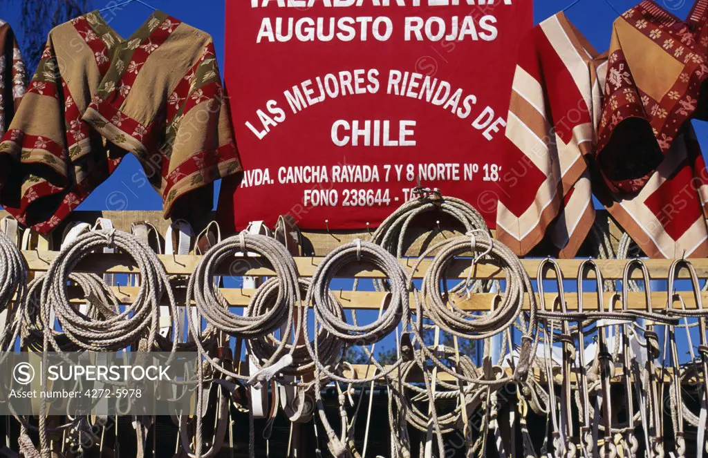 Chile, Rancagua. Tack stall at the National Rodeo Championships