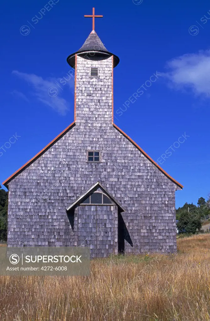 Shingle covered church typical for Chiloe Island