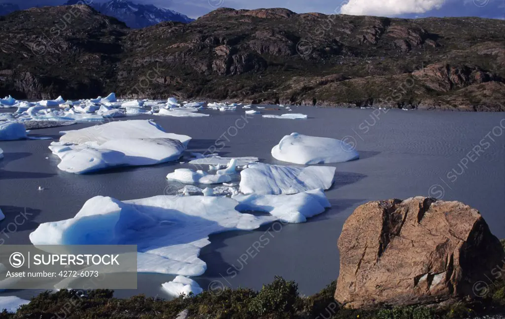 Chunks of ice at southern end of Lago Grey, Torres del Paine National Park, Patagonia, Chile.