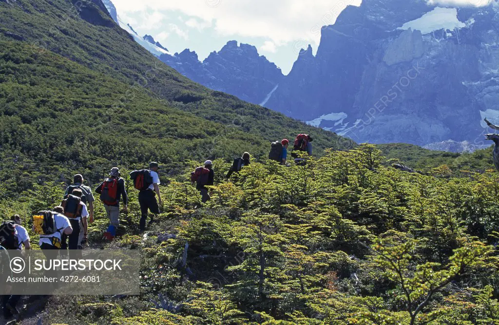 Trekking party approaches the French Valley, Paine Massif