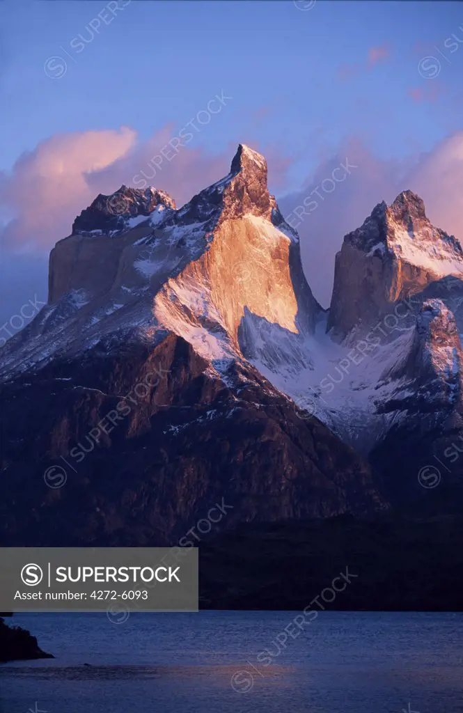 The Cuernos, Paine Massif at dawn seen across Lago Pehoe