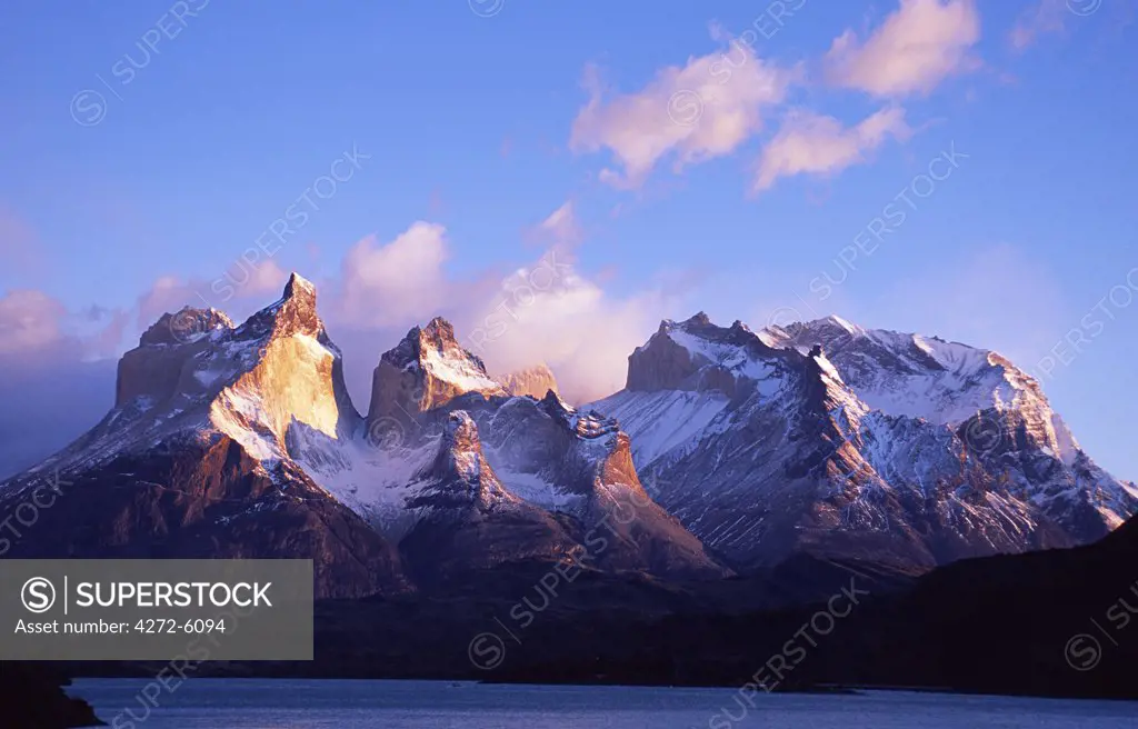 The Cuernos, Paine Massif at dawn seen across Lago Pehoe