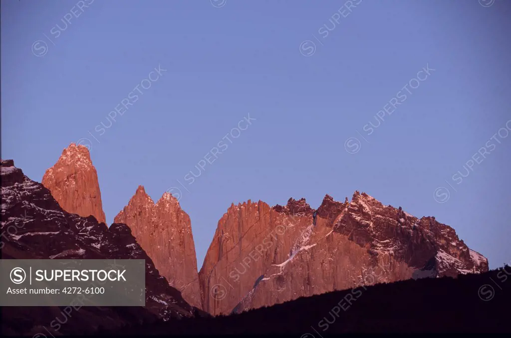 Dawn light on the Towers of Paine from Camping Torrres