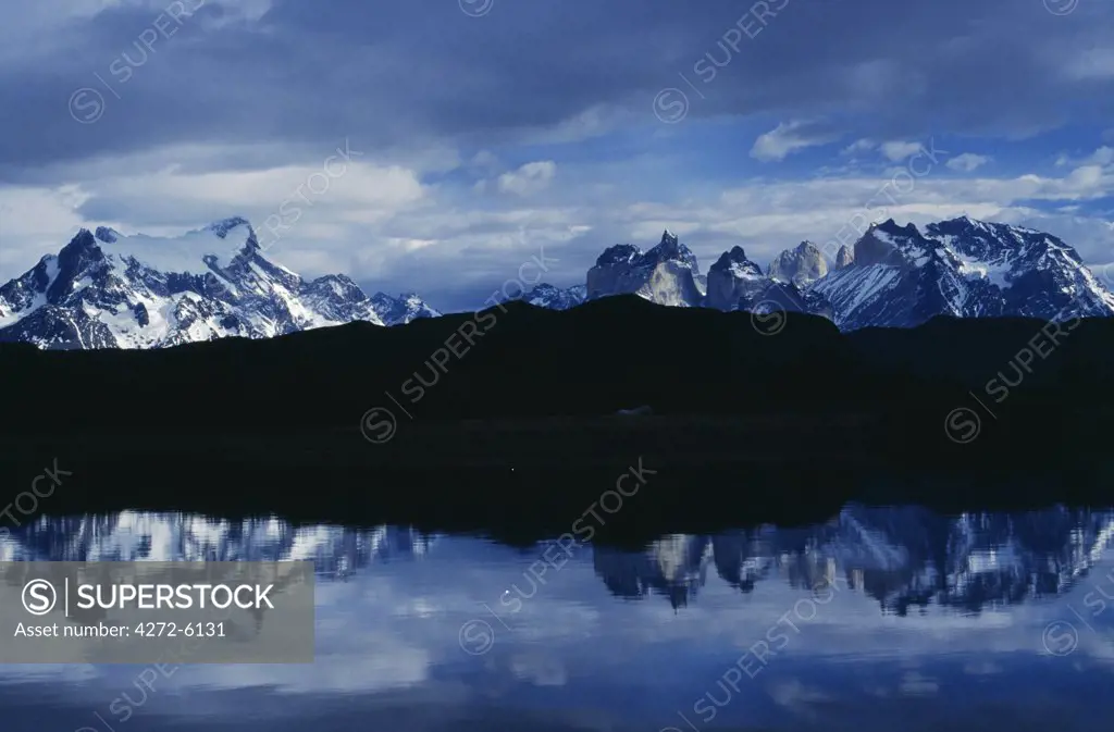 Paine Massif reflected in lake, Torres del Paine National Park, Patagonia, Chile