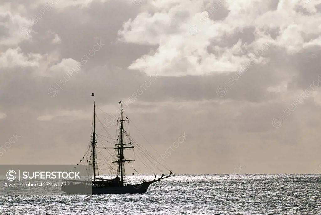 A sailing ship anchored in front of Hanga Roa, Easter Island's main settlement