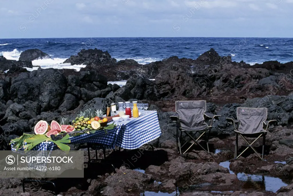 Lunch on the south coast laid out for guests of Explora's Casas Rapa Nui
