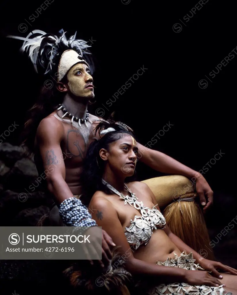 Rapanui man and woman, Singa Miguel Angel and Uri Francesca Avaka, in traditional costume at Te Pahu caves